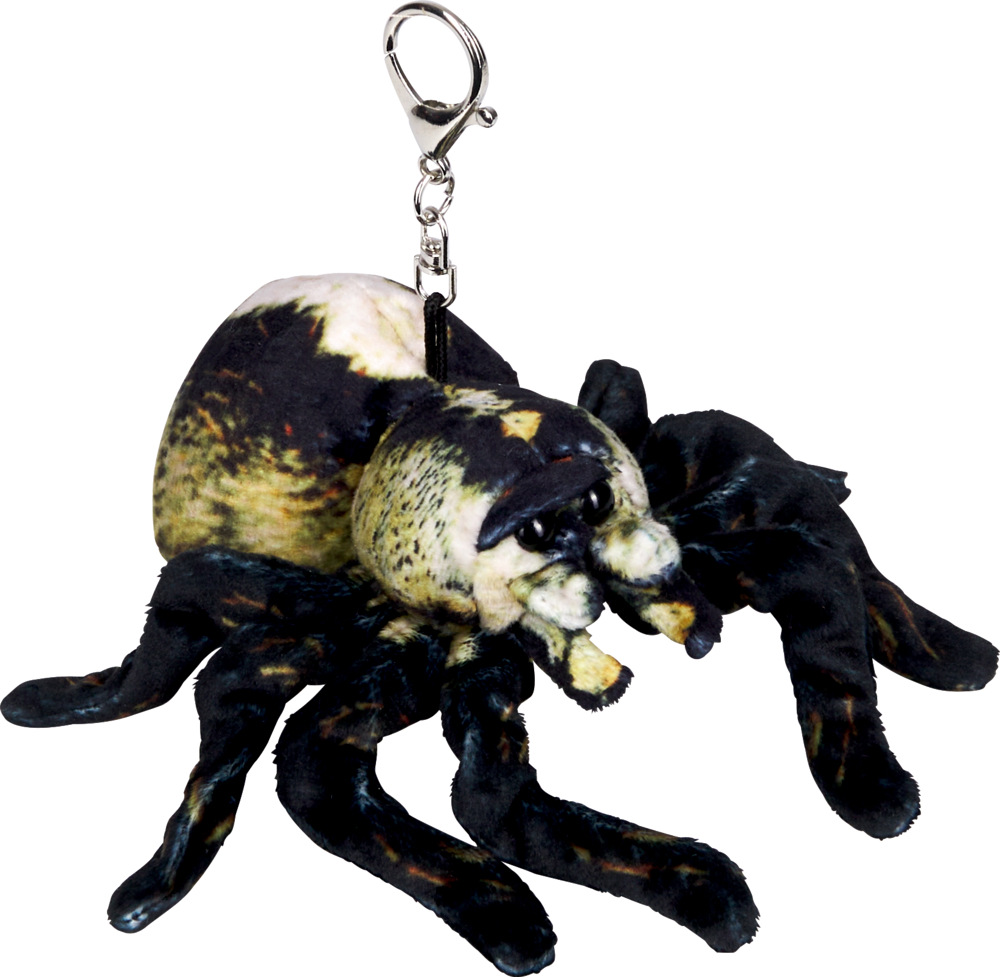 Plüsch-Schlüsselanhänger in Form einer schwarz-gelb gemusterten Spinne mit acht Beinen und silbernem Karabiner.