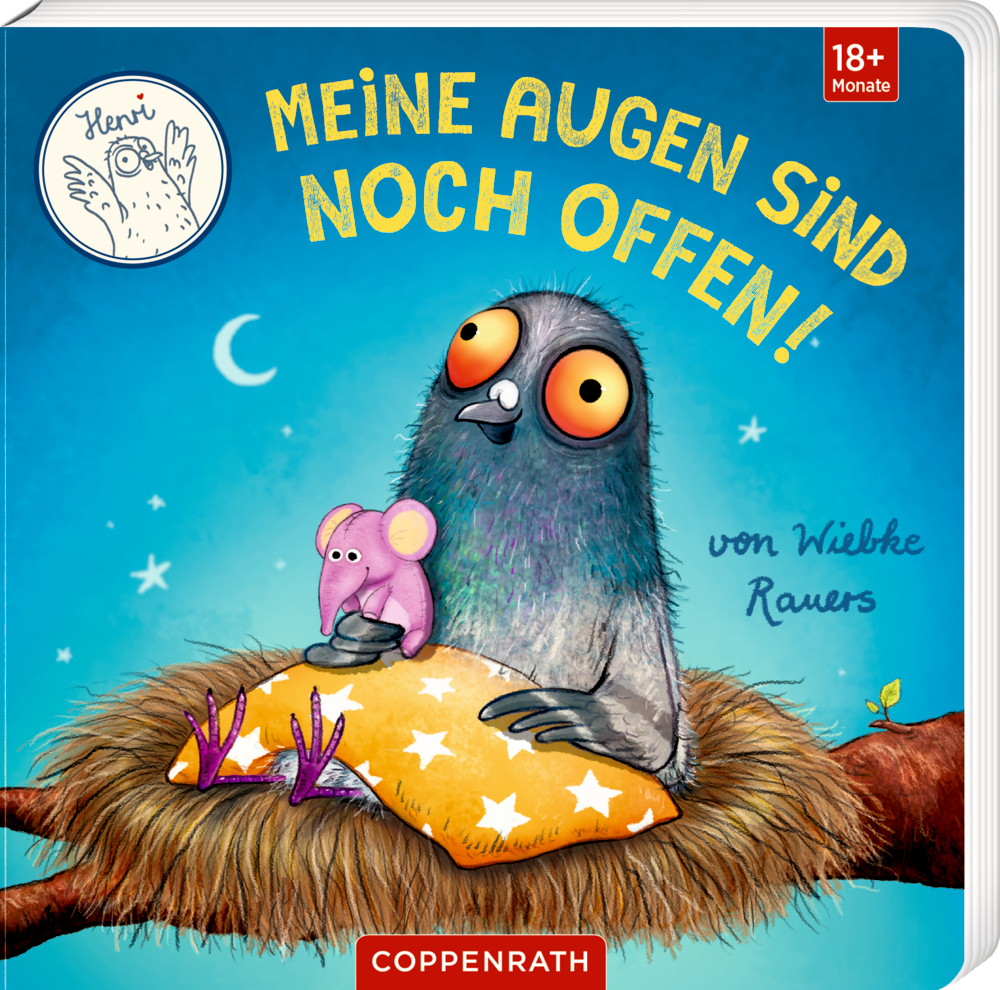 Buchcover mit grauer Taube, die in einem Nest auf gelbem Sternenkissen sitzt und ein rosa Stofftier hält.