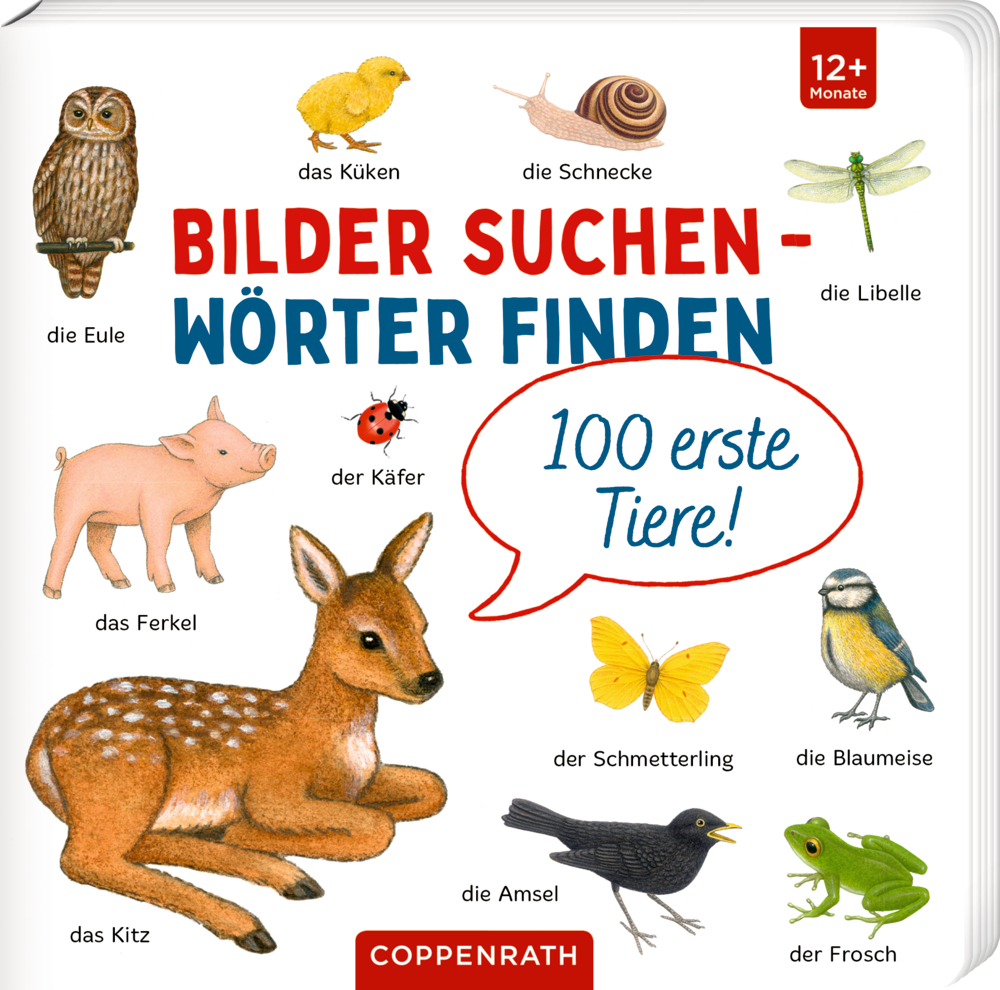 Kinderbuchcover mit illustrierten Tieren und Namen mit dem Titel „Bilder Suchen – Wörter Finden“.
