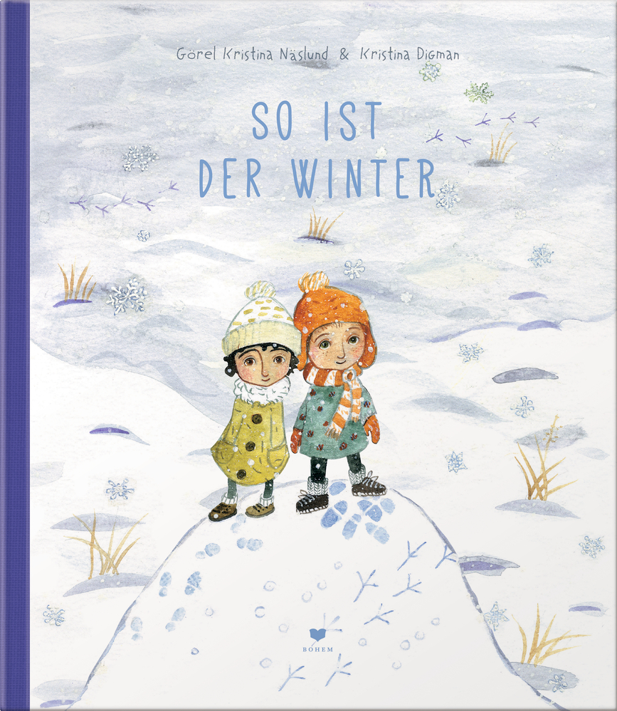 Cover-Illustration: Zwei Kinder in Winterkleidung stehen auf einem beschneiten Hügel, umgeben von einer Schneefläche mit Vogelspuren.