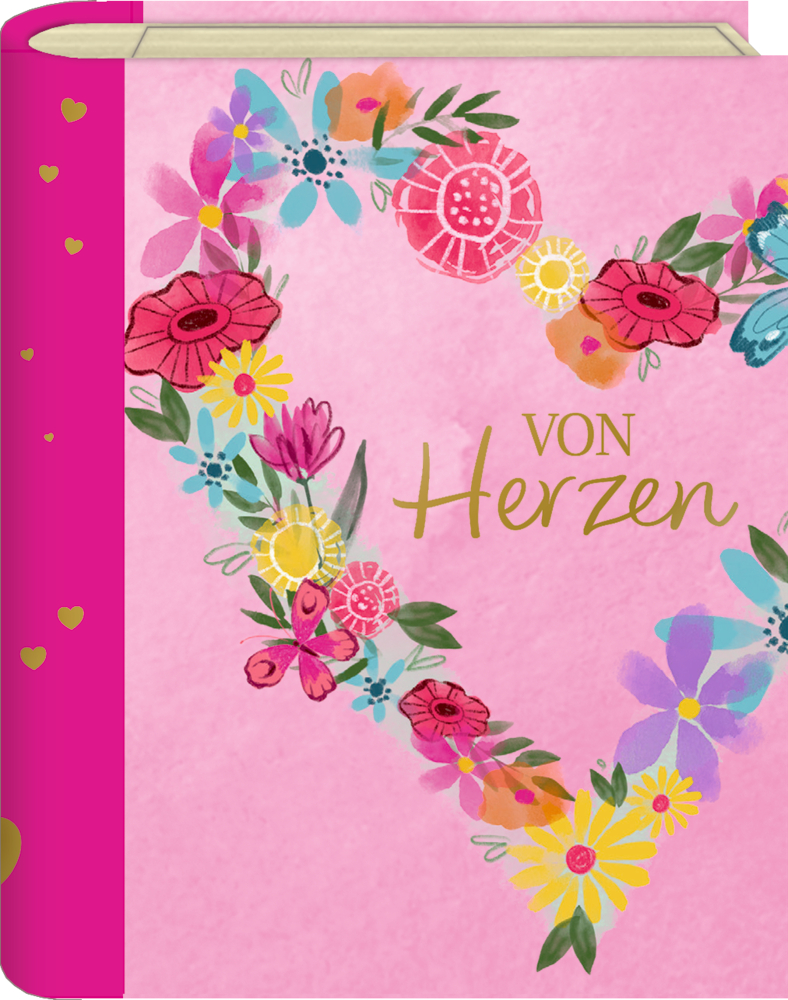 Pinkes Buchcover mit Herz aus bunten Blumen und dem Text Von Herzen in goldenen Buchstaben.