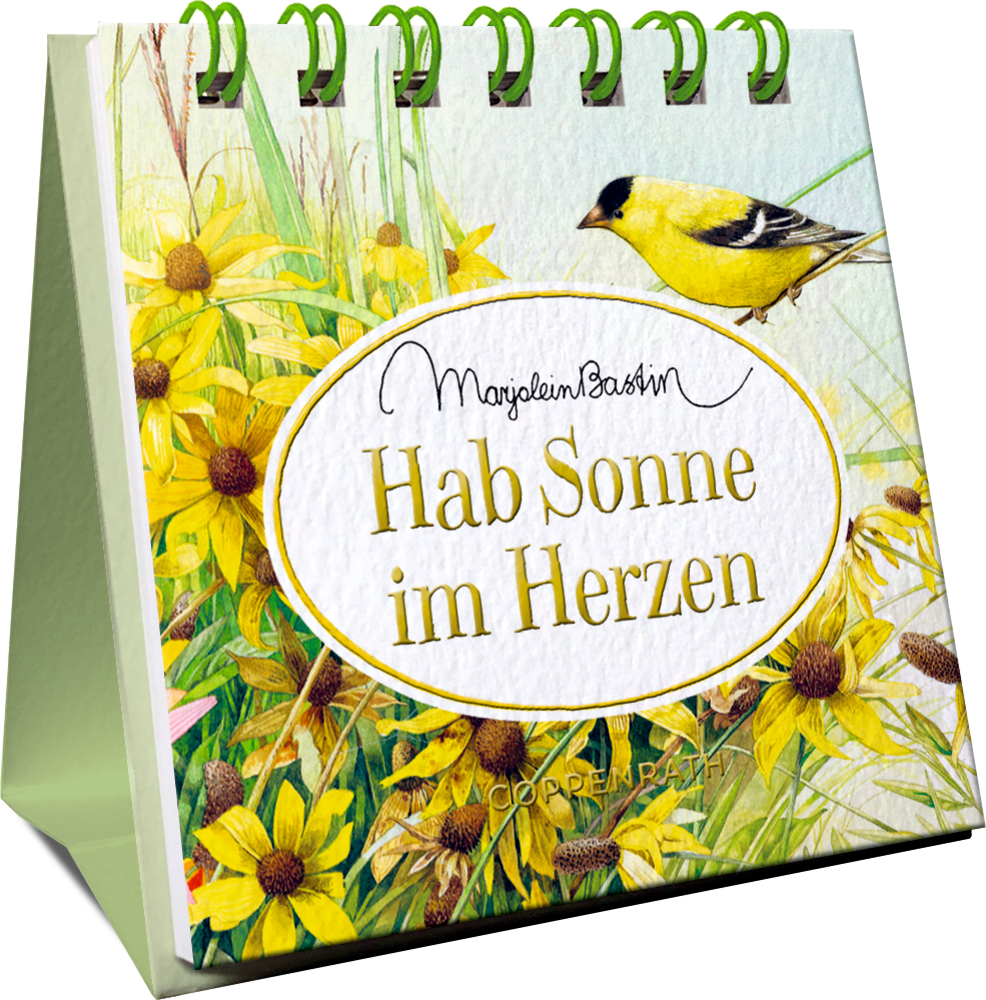 Mini-Spiralaufsteller mit gelben Blumen, einem Vogel und dem Titel „Hab Sonne im Herzen“ auf dem Einband.