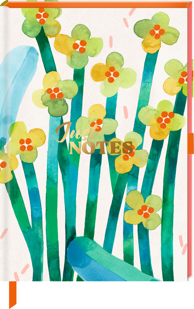Aquarellgelbe Blumen mit grünen Stielen. In der Mitte steht der Text Just NOTES.