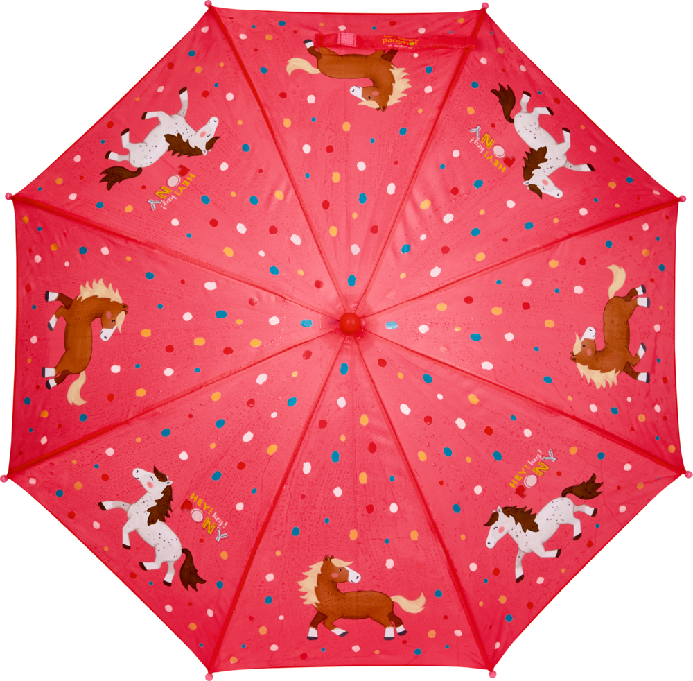Roter Regenschirm mit mehrfarbigen Punkten und Cartoon-Pferden, die auf jedem Teil aufgedruckt sind.