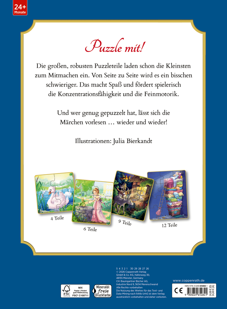 Rückseite eines Puzzle-Buchs mit Text und vier Beispielbildern von Märchenszenen in unterschiedlicher Teilezahl.