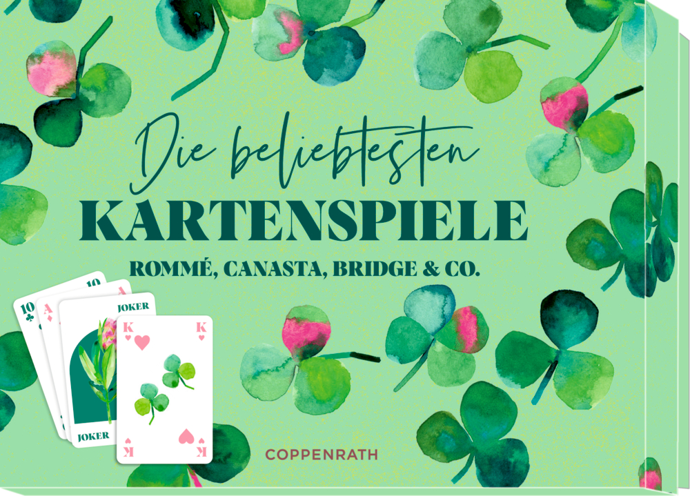 Grüne Box mit Kleeblättern, Spielkarten und Text zu Kartenspielen wie Rommé und Canasta.