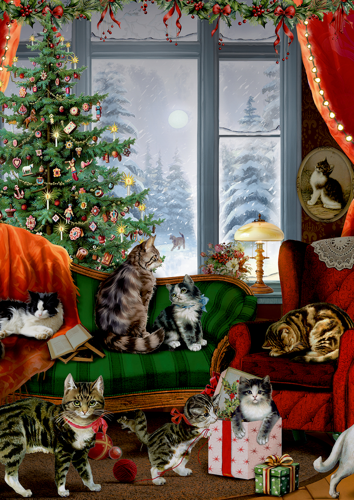 Mehrere Katzen in weihnachtlich geschmücktem Wohnzimmer mit Tannenbaum, Geschenken und Schneelandschaft im Fensterhintergrund.