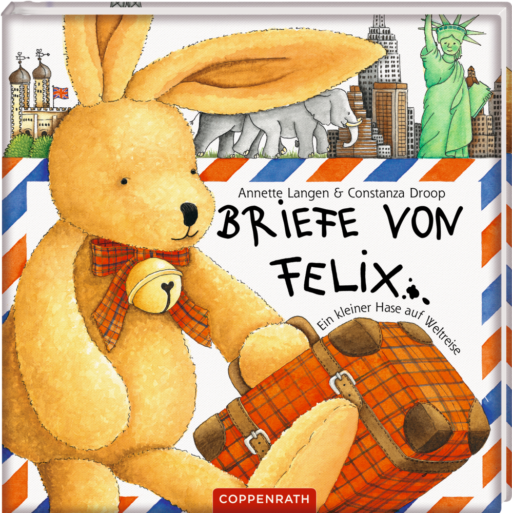 Illustriertes Kaninchen mit Koffer und Glockenhalsband, umgeben von Sehenswürdigkeiten und dem Text „Briefe von Felix“.