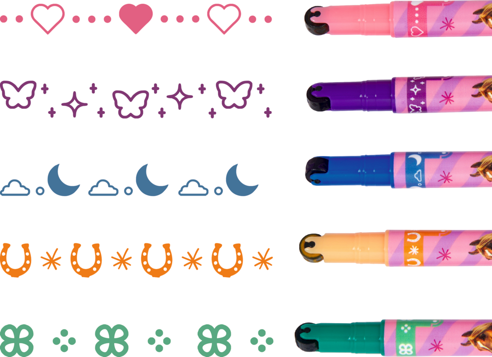 Fünf bunte Stifte mit Rollstempel in Herz-, Schmetterling-, Mond-, Hufeisen- und Kleeblattformen.