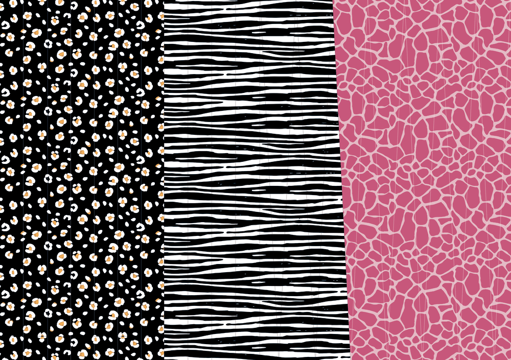 Leopardenmuster, Zebrastreifen und rosa Giraffenmuster.