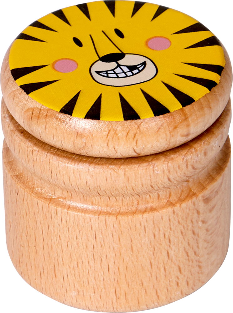 Kleine runde Holzbox mit Deckel, verziert mit einem lächelnden Cartoon-Löwengesicht auf gelbem Hintergrund.