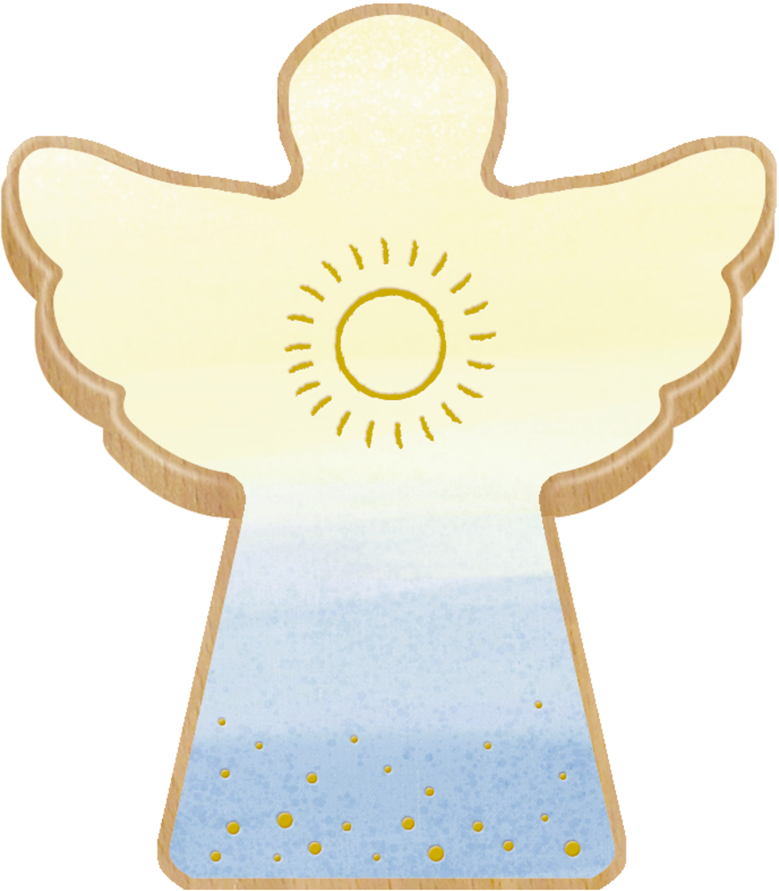 Engelillustration mit Sonnensymbol auf der Brust, in sanften Gelb- und Blautönen gehalten.