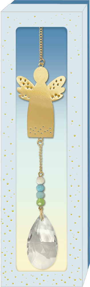 Goldenes Engel-Ornament mit Perlenkette und klarem Kristalltropfen in einer blauen Schachtel mit goldenen Sprenkeln.