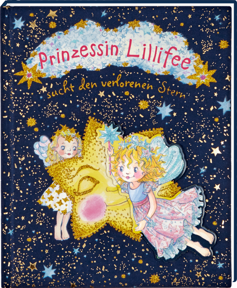 Buchcover mit einer Feenprinzessin und einem großen goldenen Stern auf dunkelblauem, sternverzierten Hintergrund.