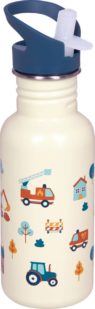 Beige Trinkflasche mit dunkelblauem Deckel und Aufdrucken von Fahrzeugen, Häusern und Bäumen in bunten Farben.