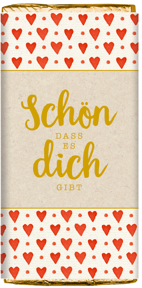 Schokoladentafel mit rotem Herzmuster auf weißem Hintergrund und dem goldenen Text „schön dass es dich gibt“ auf braunem Papier.