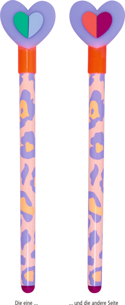 Zwei Stifte mit rosa-lila-orangenem Leomuster und lila Herzaufsatz, einem grünen und blauen, sowie einem roten und pinken Herz-Inlay.