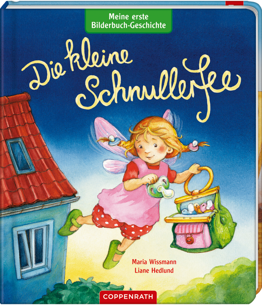 Auf dem Cover des Kinderbuchs schwebt eine Fee mit rosa Flügeln und einer Tasche an einem Hausfenster vorbei.