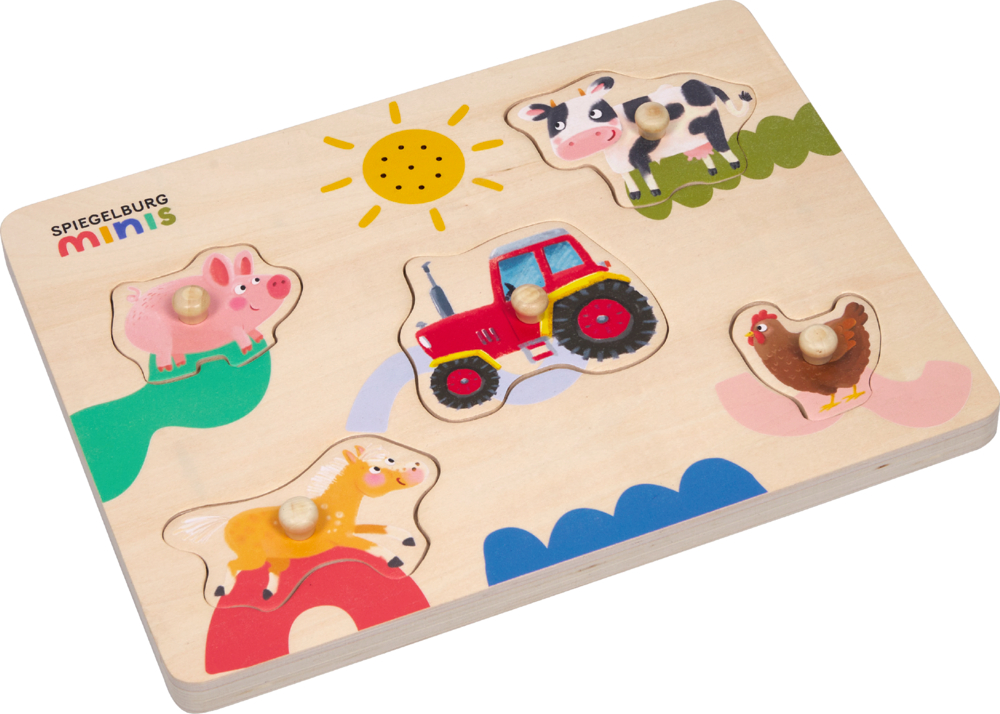 Holzpuzzle mit fünf Teilen: Kuh, Schwein, Pferd, Huhn und roter Traktor mit Knopfgriffen auf Bauernhofmotiv.