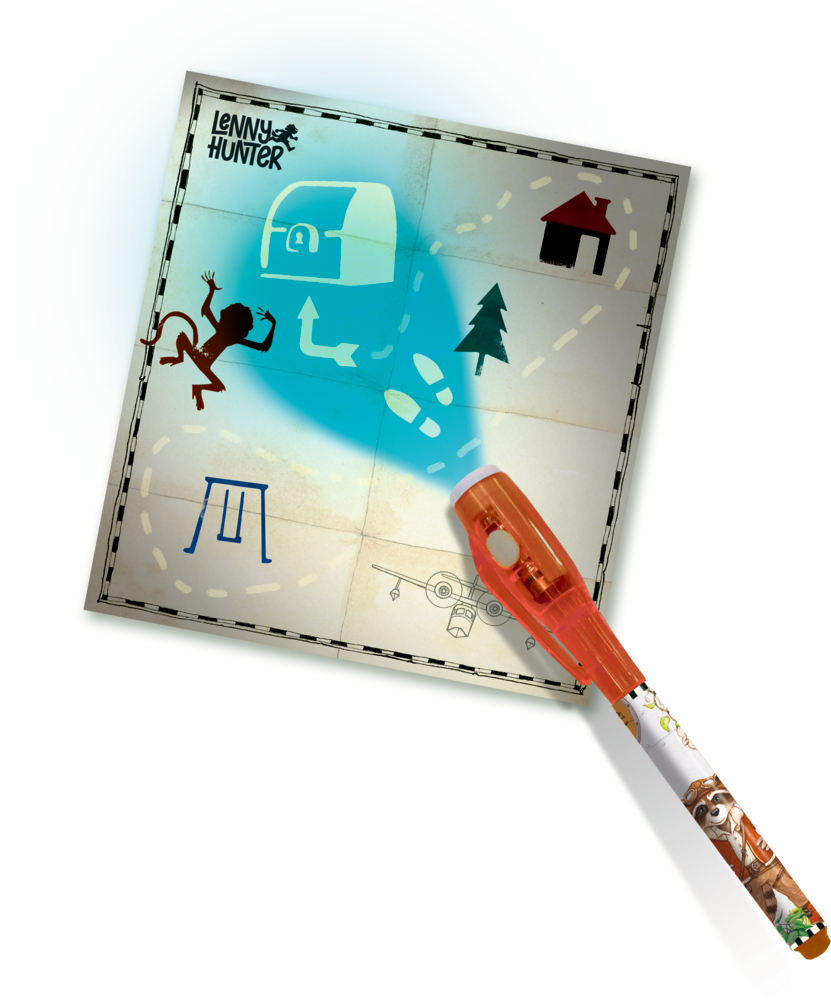 Mit blauem Licht werden auf einer mit „Lenny Hunter“ beschrifteten Schatzkarte Symbole sichtbar.