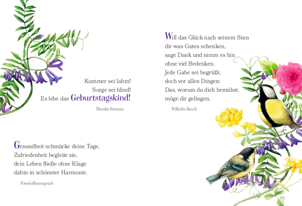 Doppelseite mit Blumen, Vögeln und Geburtstagswünschen und Zitaten.