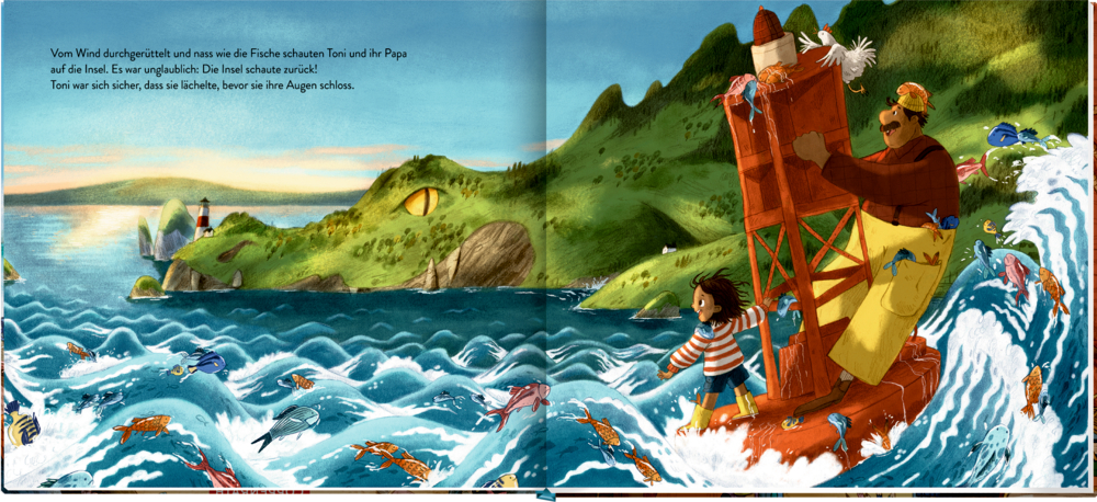 Illustration eines Kindes und eines Erwachsenen, die auf einer roten Boje im Meer stehen, umgeben von Fischen, mit grüner Insel im Hintergrund, die ein großes Auge zeigt.