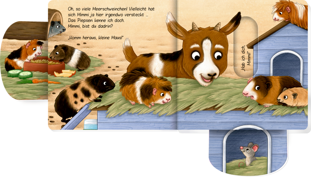 Meerschweinchen, eine Ziege und eine Maus stehen um einen blauen Stall auf einer bunt illustrierten Buchseite.