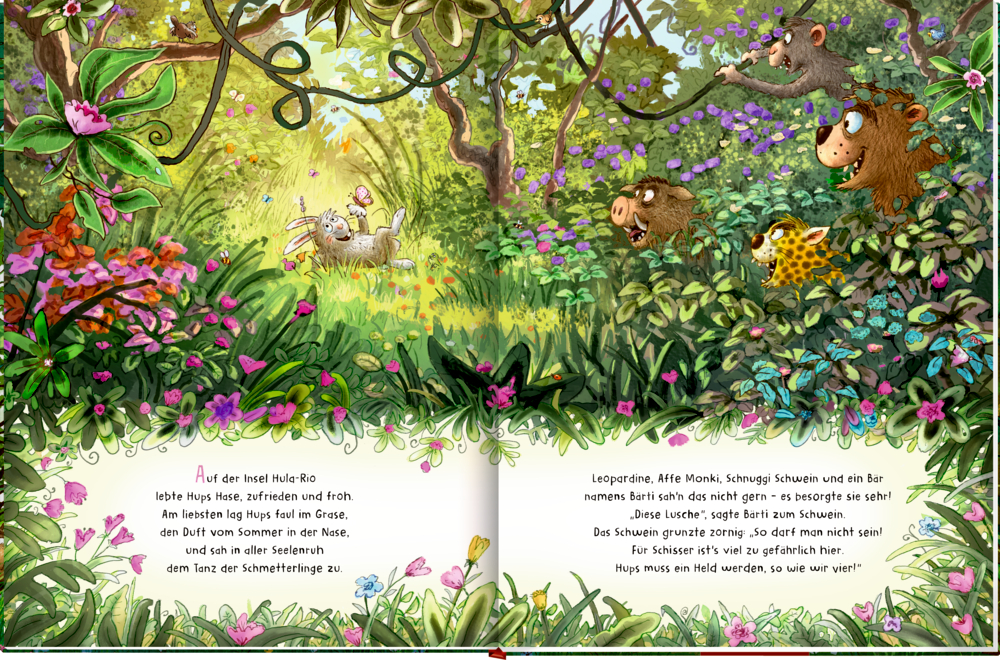 Auf einer Doppelseite mit Text ist ein fröhlicher Hase der durch einen lebendigen, blumenreichen Wald tollt, während neugierige Tiere aus den Büschen zuschauen.
