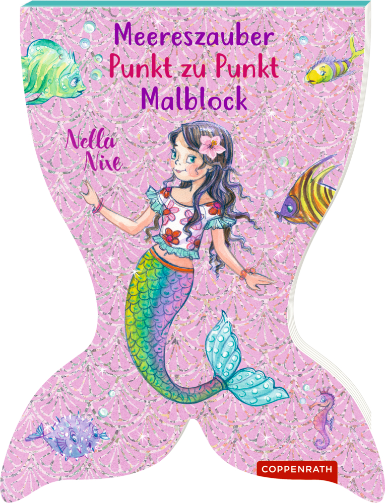 Buntes Malbuch-Cover mit Meerjungfrau, Fischen und glitzernden Verzierungen in Form eines pinken Schwanzes.
