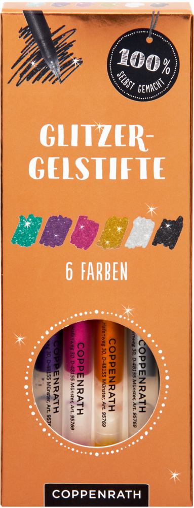Set mit sechs Glitzer-Gelstiften von Coppenrath in verschiedenen Farben.