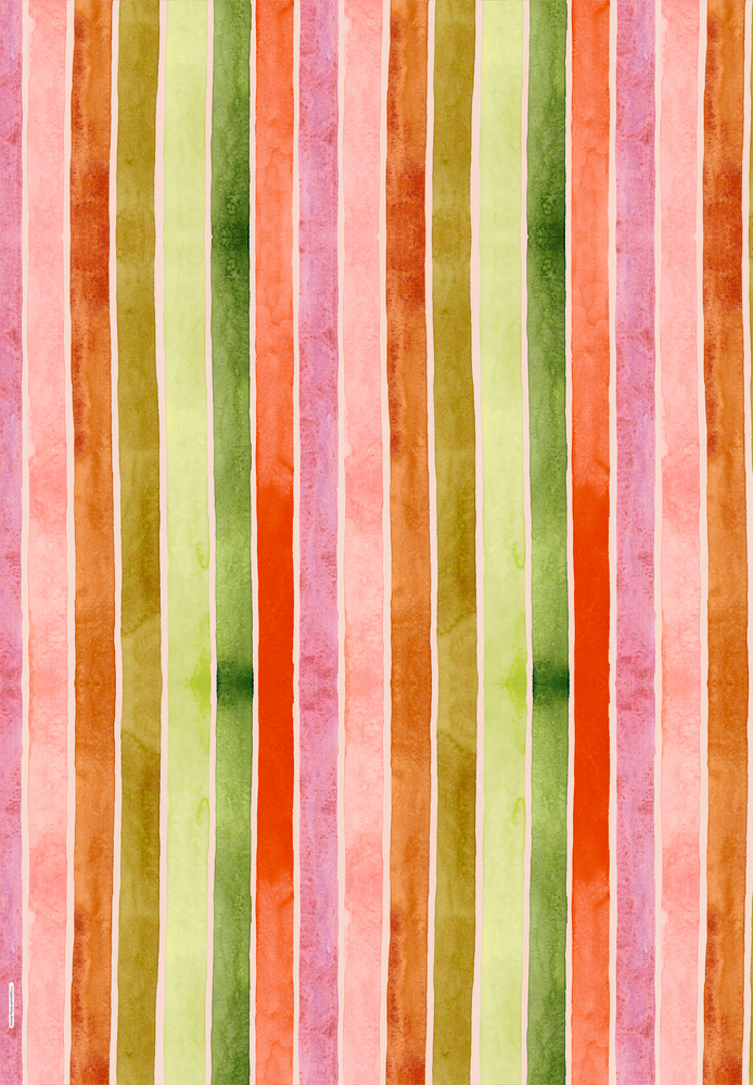 Vertikales Streifenmuster in Rosa, Orange, Grün und Gelb in aquarellartiger Optik.