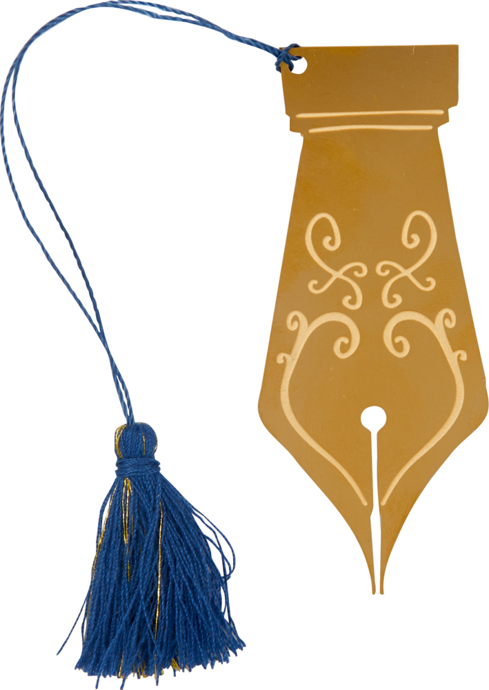 Lesezeichen in Form einer goldenen Schreibfederspitze mit dekorativer blauer Quaste.