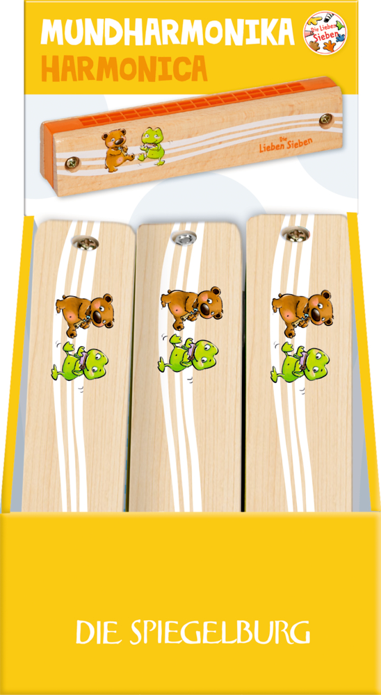 Holzharmonika mit Cartoon-Frosch und Bär, in gelber „Mundharmonika“-Verpackung von Die Spiegelburg.