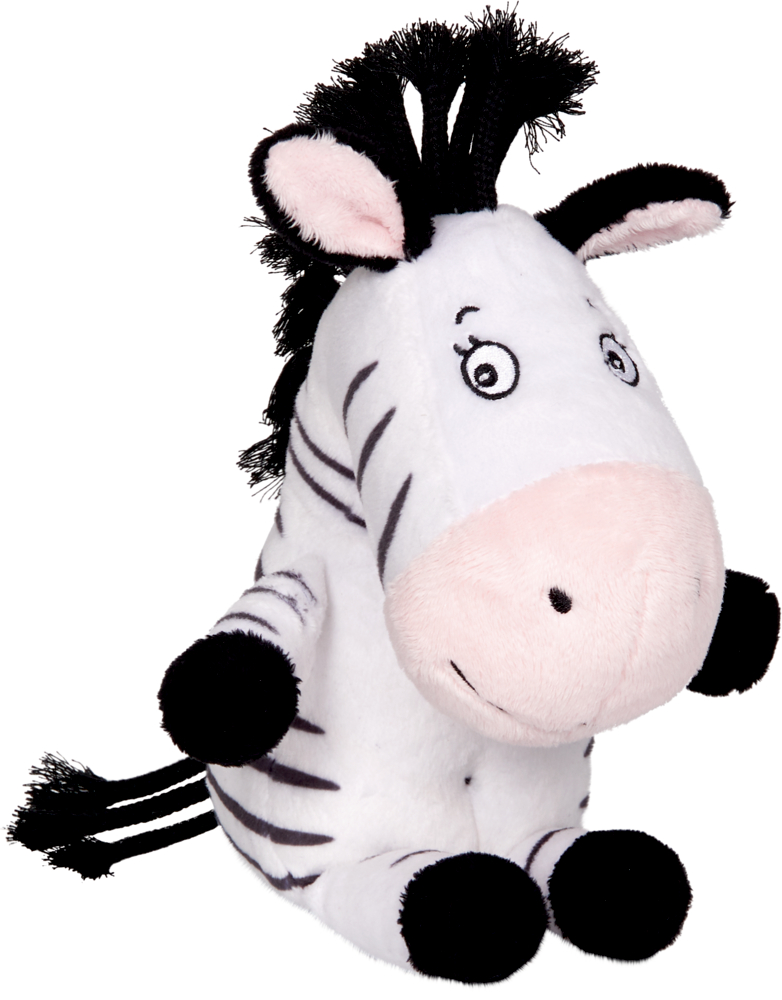Plüschzebraspielzeug mit schwarzen Streifen, großen Augen und flauschiger Mähne sitzt aufrecht.