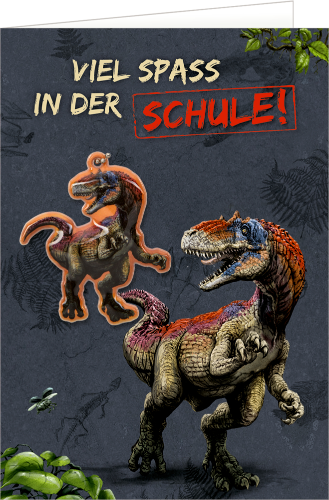 Zwei Dinosaurier und der auffällige Satz „Viel Spaß in der Schule!“ auf dunklem Hintergrund.