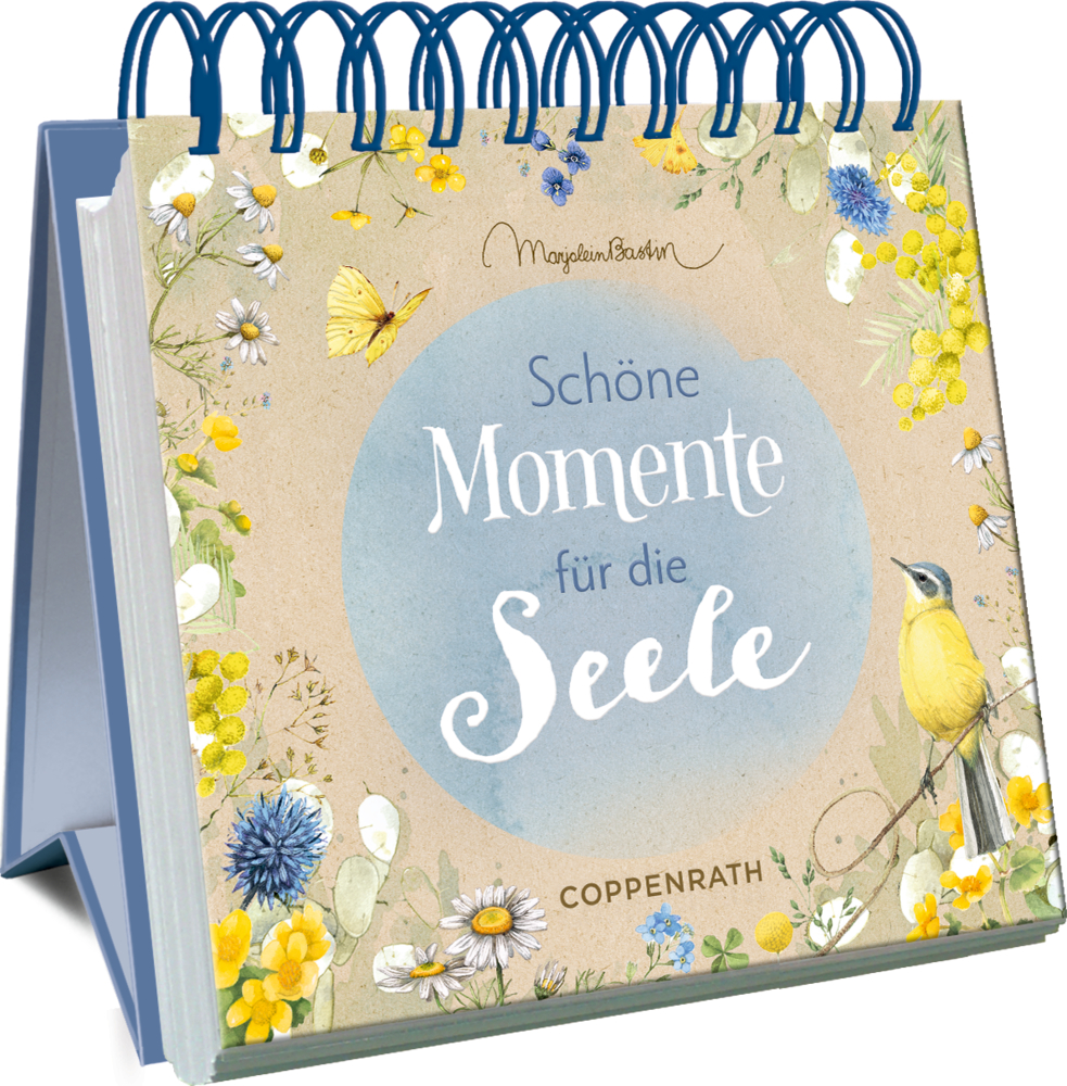 Spiralaufsteller mit dem Titel "Schöne Momente für die Seele" mit Blumenmustern, Schmetterlingen und Vögeln.