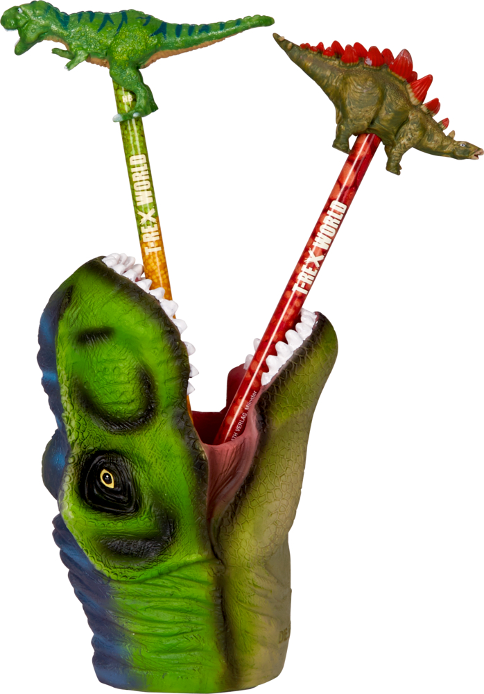 Zwei Dinosaurierstifte – einer vom Typ T. Rex und einer vom Typ Stegosaurus – in einem Halter mit grünem Dinosaurierkopf.