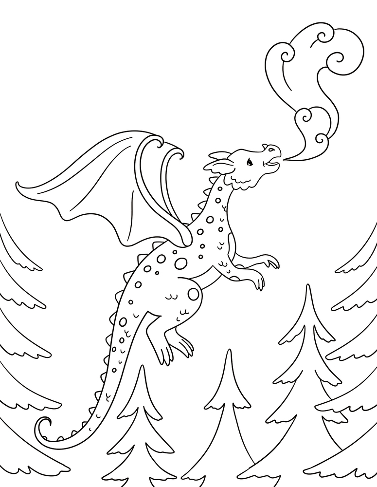 In einer einfachen schwarz-weißen Strichzeichnung schwebt ein Drache über Bäumen und atmet wirbelnden Rauch aus.