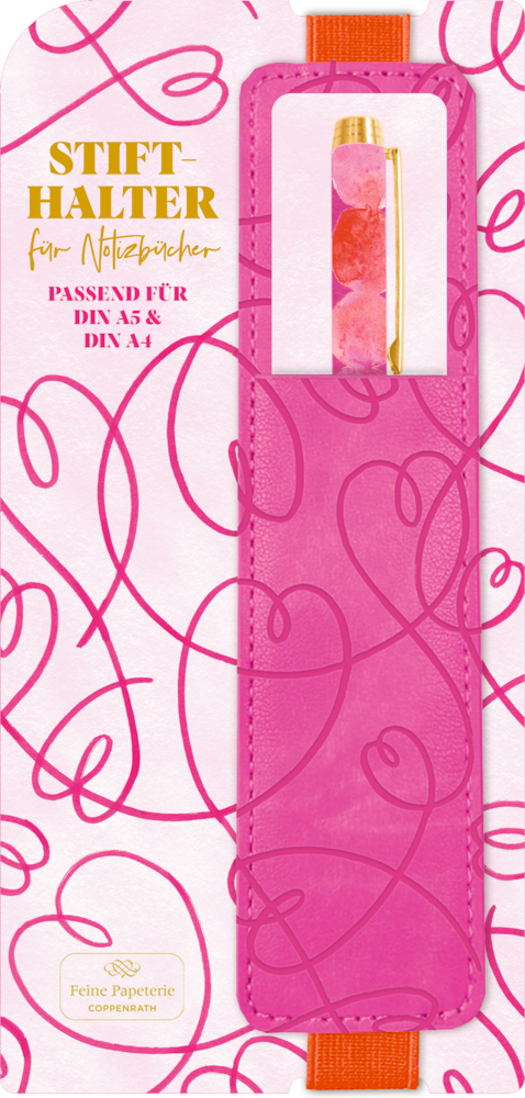 Rosa Stiftehalter mit gold-pinkem Stift, dekoriert mit pinkfarbenen Herz-Wirbeln auf rosafarbenem Grund.