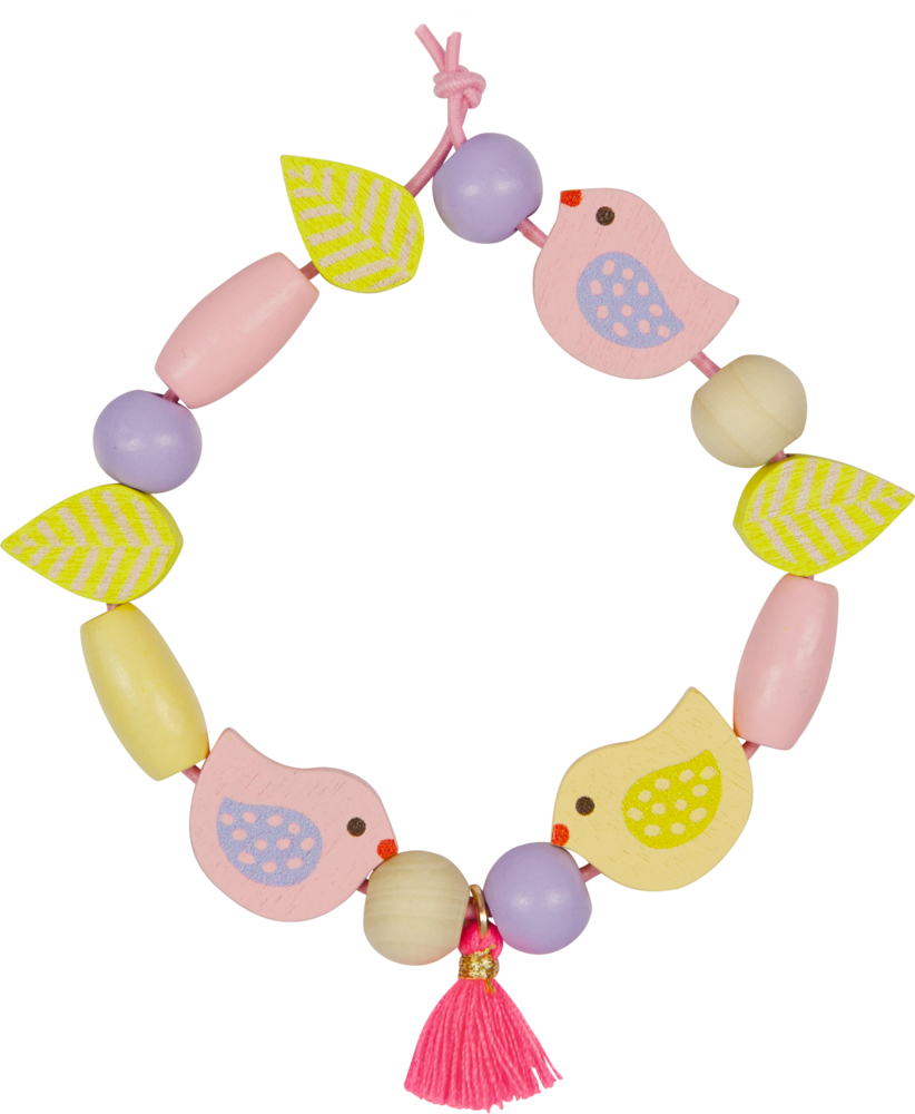 Pastellfarbenes Armband mit Perlen, Vogel- und Blattformen, pinker Schnur und pinker Quaste unten.