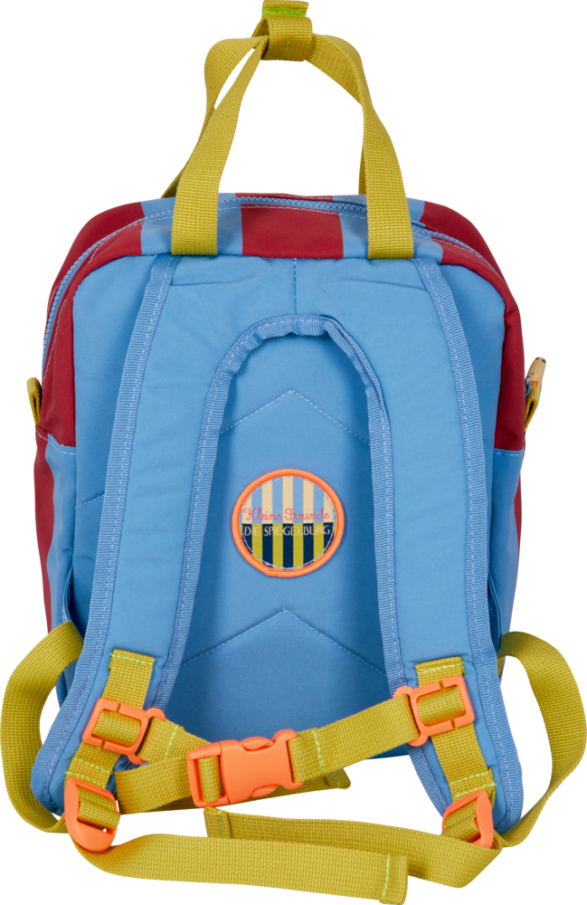 Blau-roter Rucksack mit gelben Riemen und orangefarbener Schnalle, von hinten betrachtet.