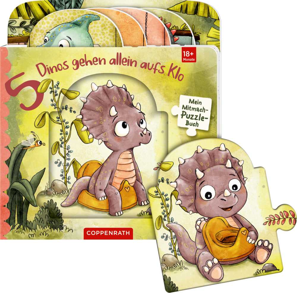 Bilderbuch-Cover mit Dino auf einem Töpfchen sowie herausgenommenem Puzzle-Teil mit Dino und Töpfchen im Vordergrund.