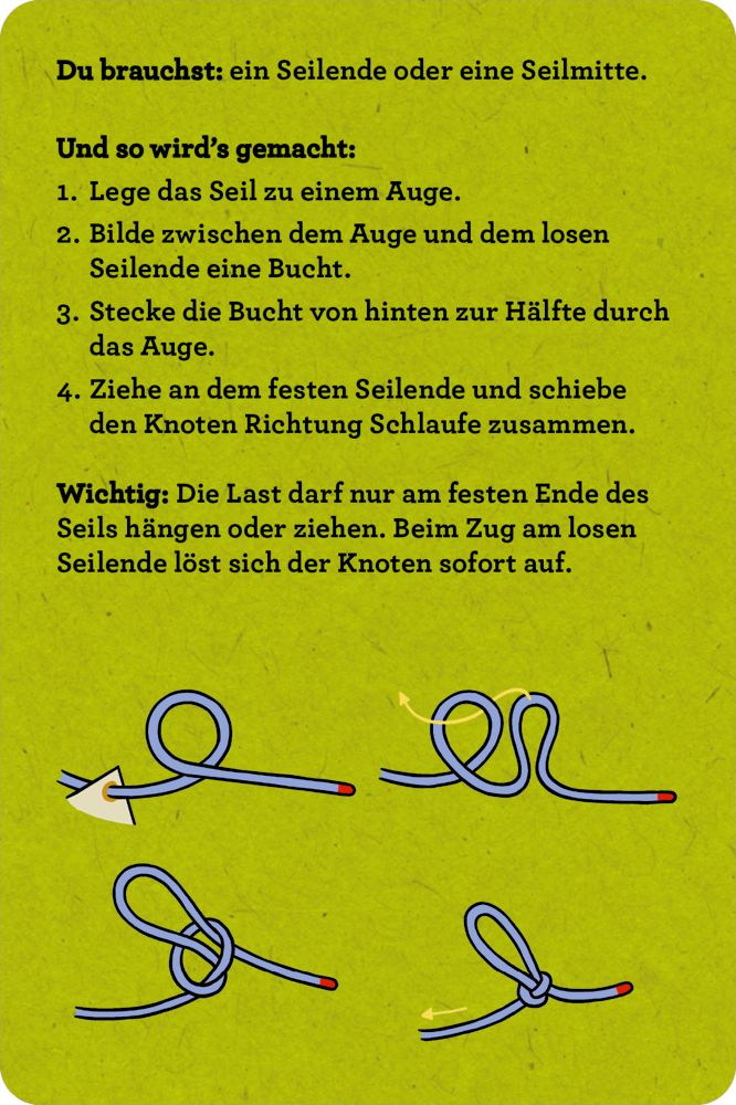 Schrittweise Illustration zum Binden eines Knotens mit einem blauen Seil auf grünem Hintergrund.
