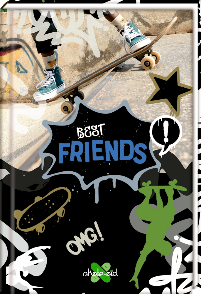 Ein Skateboarder macht einen Trick; im Graffiti-Stil steht „Best Friends“, „OMG!“ und „nskate.pid“.