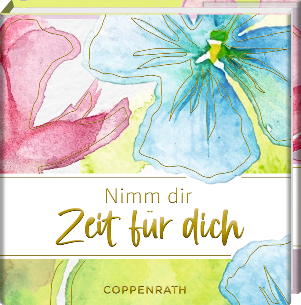 Aquarell-Blumenillustration auf einem Cover mit dem Aufdruck „Nimm dir Zeit für dich“ und „Coppenrath“ unten.