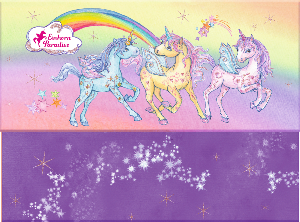 Rechteckige Fläche mit illustrierten Einhörnern und Regenbogen. Alles in Rosa und Lila.