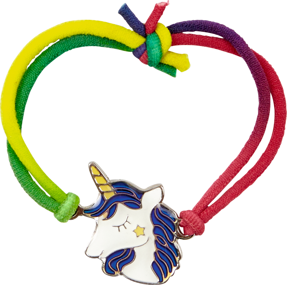 Buntes Schnurarmband mit Einhorn-Anhänger, goldenem Horn und blauer Mähne.