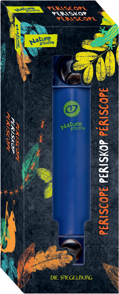 Blaues Nature Zoom-Periskop in lebendiger, naturbezogener Verpackung mit bunten Blättern und Tiermotiven.