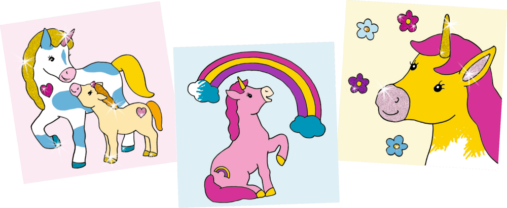 Blaues Einhorn mit Fohlen, rosa Einhorn mit Regenbogen und gelber Einhornkopf – auf drei Ausmalbildern.