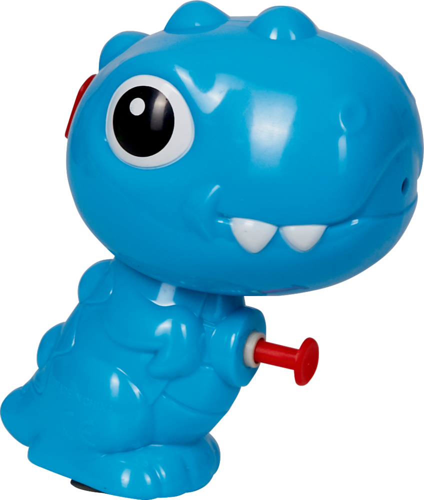 Blaues Dino-Spielzeug aus Kunststoff mit großen Augen, weißen Zähnen und einem roten Knopf an der Seite.